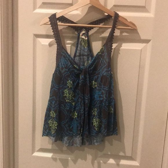 FREE PEOPLE Top Razorback Blue/Brown Tie Front Size S - Picture 2 of 10